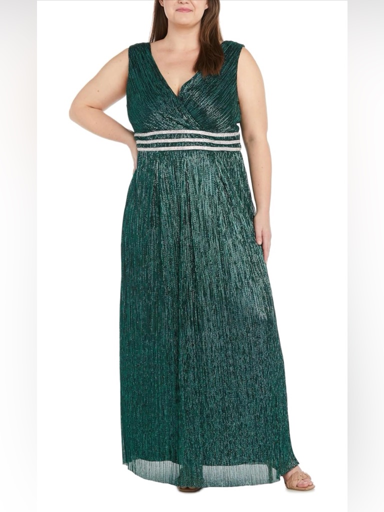 R&M Richards Emerald Green Metallic V-Neck Maxi Dress